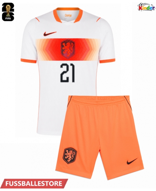 Günstige Niederlande Frenkie de Jong #21 Auswärts Trikotsatzt Kinder WM 2026 Kurzarm (+ Kurze Hosen)